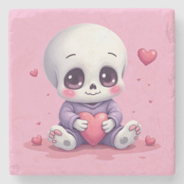 Posavasos De Piedra Esqueleto Kawaii Sosteniendo Corazón