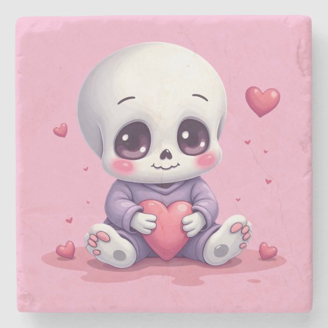 Posavasos De Piedra Esqueleto Kawaii Sosteniendo Corazón (Anverso)