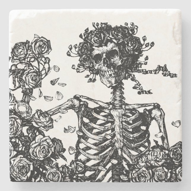 Posavasos De Piedra Esqueletos y Rosas (Anverso)