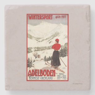 Posavasos De Piedra Esquiador de la mujer que pasa por alto el poster