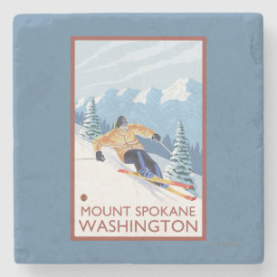 Posavasos De Piedra Esquiador de la nieve de Downhhill - soporte
