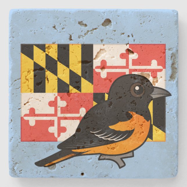 Posavasos De Piedra Estado Birdorable de Maryland: Baltimore Oriole (Anverso)
