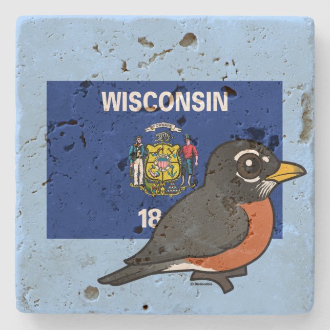 Posavasos De Piedra Estado Birdorable de Wisconsin: Petirrojo (Anverso)