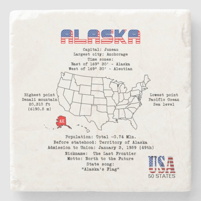 Posavasos De Piedra Estado norteamericano de Alaska en un mapa e infor (Anverso)