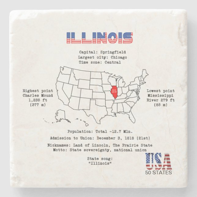 Posavasos De Piedra Estado norteamericano de Illinois en un mapa e inf (Anverso)