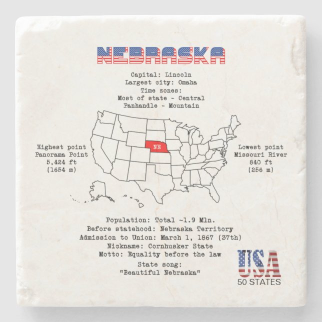 Posavasos De Piedra Estado norteamericano de Nebraska en un mapa e inf (Anverso)