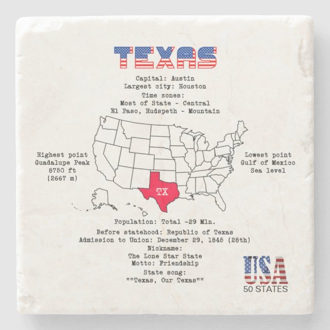 Posavasos De Piedra Estado norteamericano de Texas en un mapa e inform (Anverso)