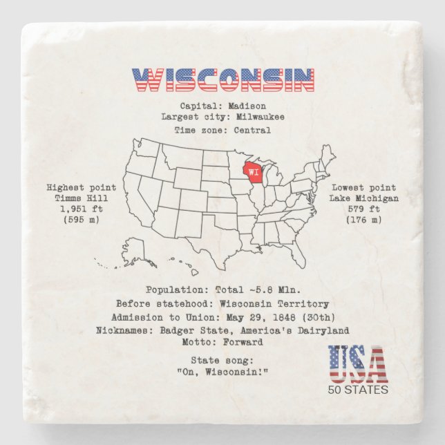 Posavasos De Piedra Estado norteamericano de Wisconsin en un mapa e in (Anverso)