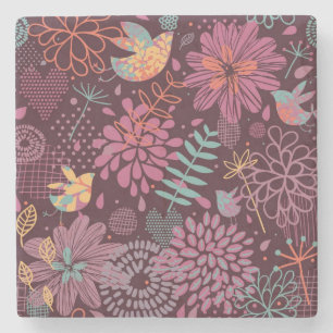 Posavasos De Piedra Estampado de flores abstracto con los pájaros
