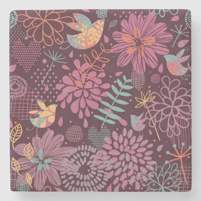 Posavasos De Piedra Estampado de flores abstracto con los pájaros (Anverso)