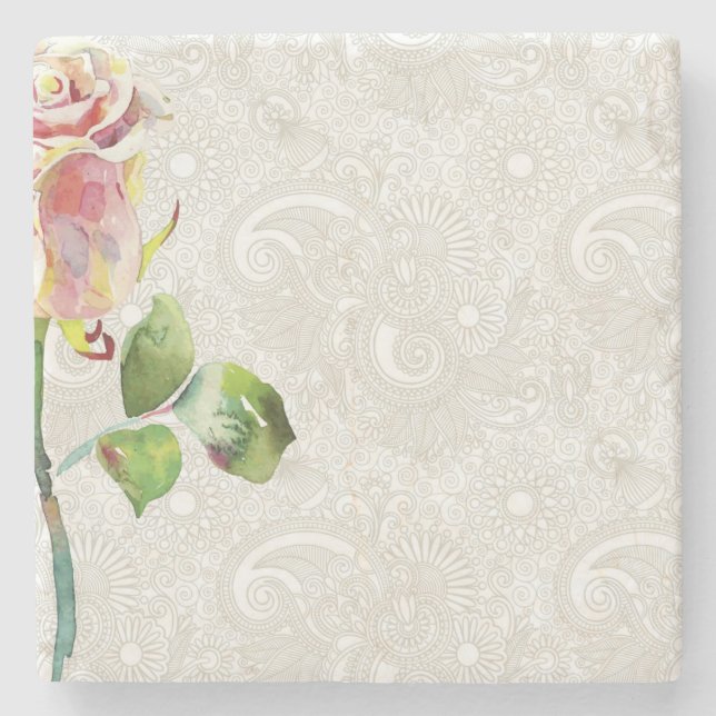 Posavasos De Piedra Estampado de flores adornado con la acuarela (Anverso)