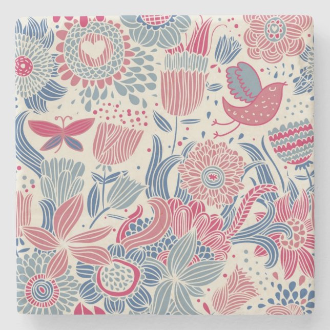 Posavasos De Piedra Estampado de flores con el pájaro y la mariposa (Anverso)