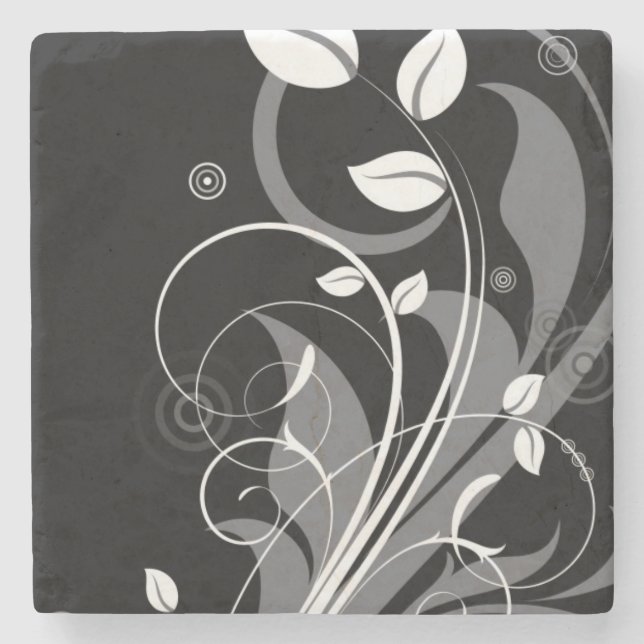Posavasos De Piedra Estampado de flores gris en negro (Anverso)