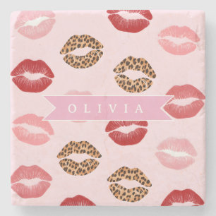 Posavasos De Piedra Estampado de labios con patrón de leopardo rosa ch