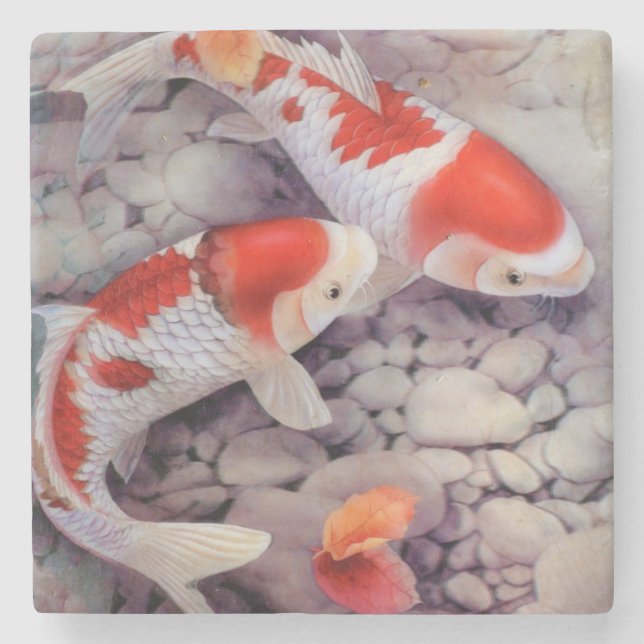 Posavasos De Piedra Estanque de peces rojo y blanco de Koi (Anverso)