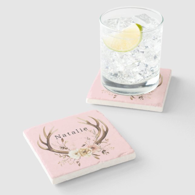 Posavasos De Piedra Estanques de ciervos florales rosados personalizad (Lateral)