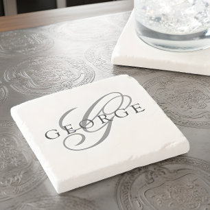 Posavasos De Piedra Estilizado nombre con monograma inicial en gris ne