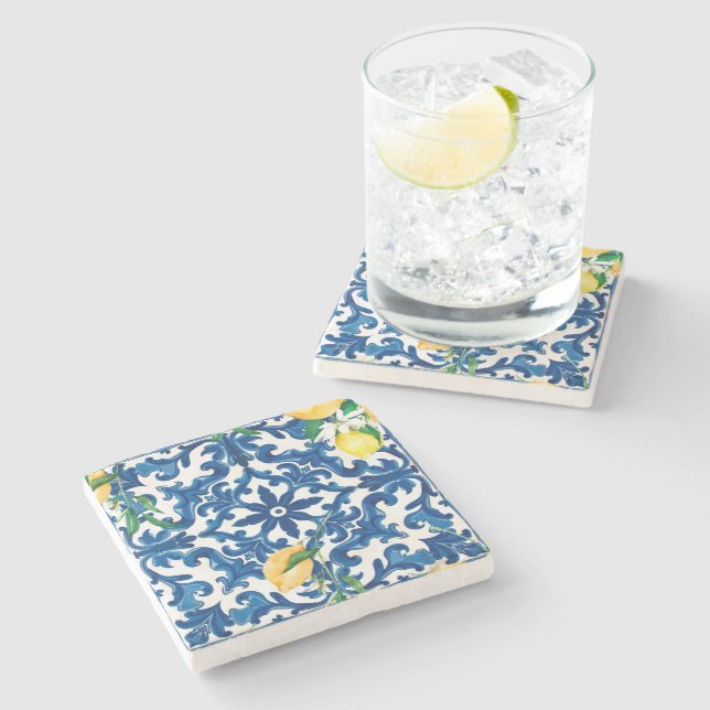 Posavasos De Piedra estilo italiano, mediterráneo, mosaico, azul, (Lateral)