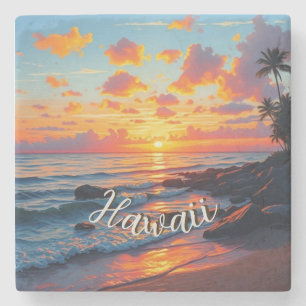 Posavasos De Piedra Estilo vintage hawaiano viaje costa mar atardecer