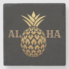 Posavasos De Piedra Estiloso Pineapple Black Aloha Tropical Hawaii