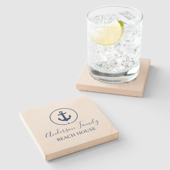 Posavasos De Piedra Estrella de Ancla Náutica Azul de la Marina de Pla (Lateral)