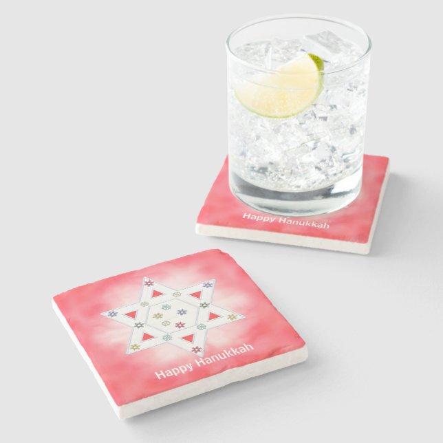 Posavasos De Piedra Estrella Hanukkah y copos de nieve rojos (Lateral)