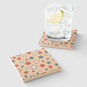 Posavasos De Piedra Estrellas Rojas y Azules, 4 de Julio, Fondo Beige