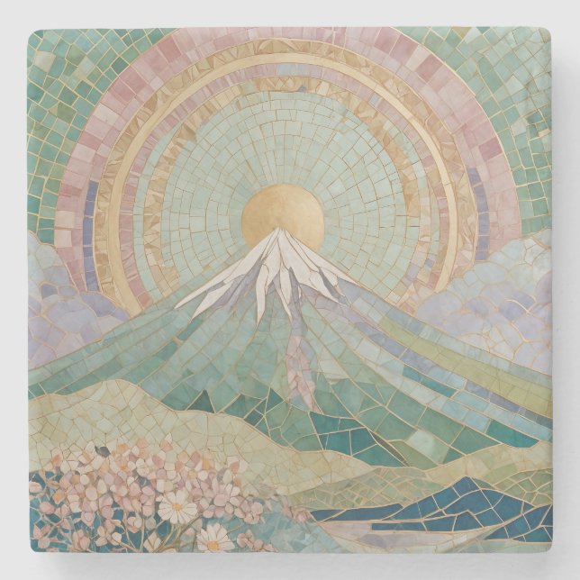 Posavasos De Piedra Ethereal Bloom: Pastel Mosaic Volcano in Spring (Anverso)