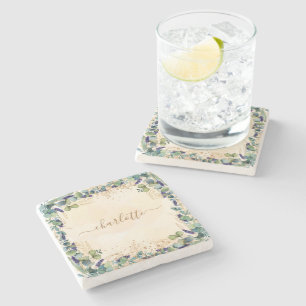 Posavasos De Piedra Eucalyptus greenery rosa oro purpurina nombre