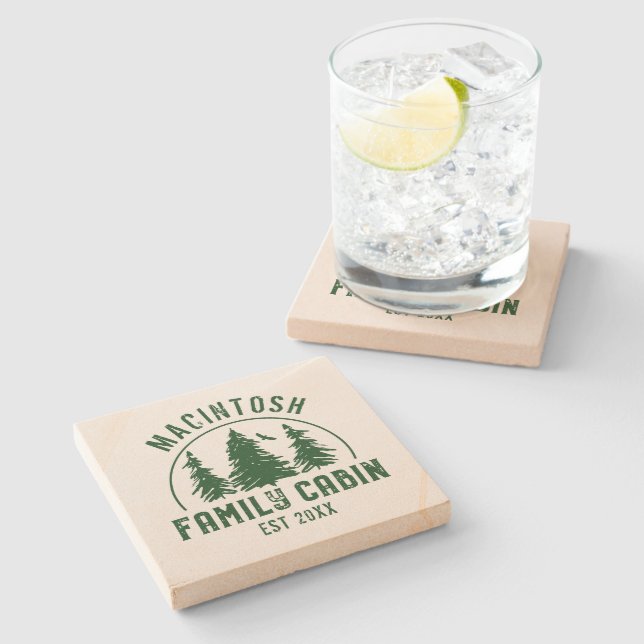 Posavasos De Piedra Familia Cabina Árboles Rústicos Nombre Familia Ver (Lateral)