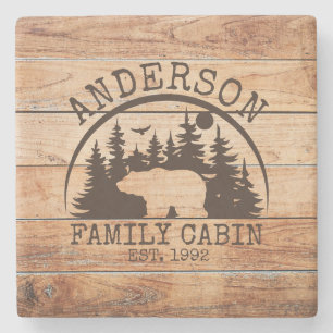 Posavasos De Piedra Familia Cabina nombre de madera Rústico personaliz