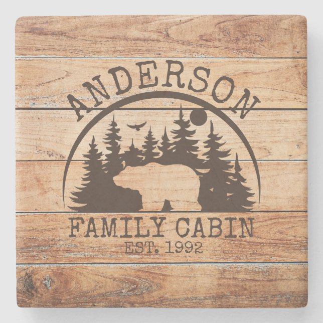 Posavasos De Piedra Familia Cabina nombre de madera Rústico personaliz (Anverso)