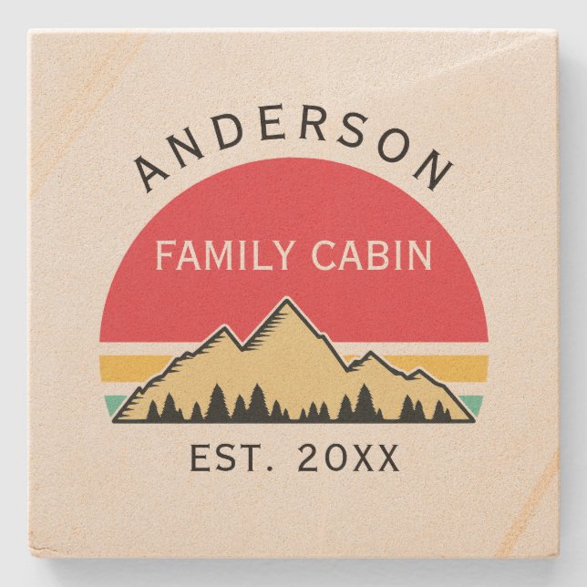 Posavasos De Piedra Familia Cabina Rústica Árboles Retro Nombre Famili (Anverso)