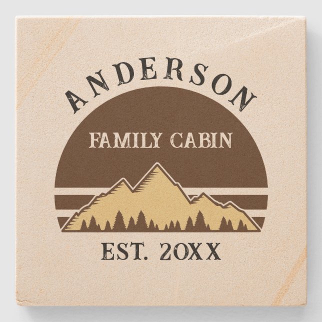 Posavasos De Piedra Familia Cabina Rústica Árboles Retro Nombre Famili (Anverso)