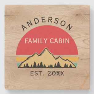 Posavasos De Piedra Familia Cabina Rústica Árboles Retro Nombre Famili