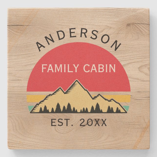 Posavasos De Piedra Familia Cabina Rústica Árboles Retro Nombre Famili (Anverso)