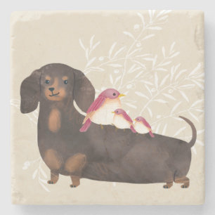 Posavasos De Piedra Familia Dachshund y Aves