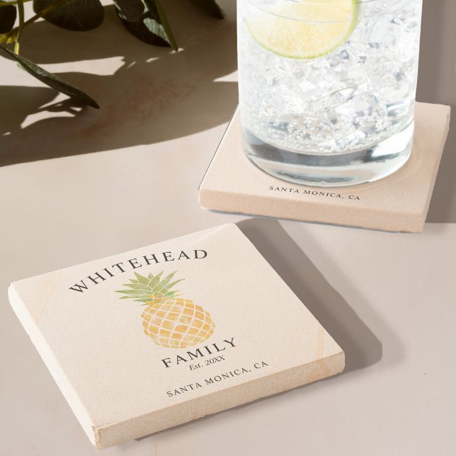 Posavasos De Piedra Familia de acuarela de piña tropical (This beautiful coaster showcases an appealing pineapple design, activating a tropical vibe.)