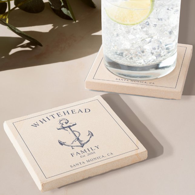 Posavasos De Piedra Familia de Ancla Azul de la Marina Náutica (Elevate your dining experience with our monogram Stone Coaster with nautical anchor design )