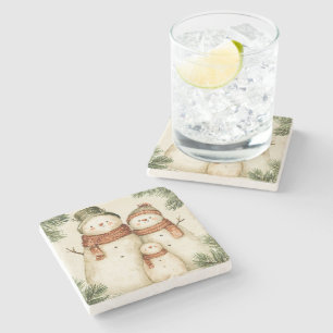 Posavasos De Piedra Familia de muñeco de nieve verde rojo blanco