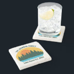 Posavasos De Piedra Family Lake House Cute Customized Sunset<br><div class="desc">Beautiful family lake house stone coaster featuring the pretty blue waters under the forest of trees and cool orange sunset. Cute camping trip keepsake souvenir for your nature outing or wilderness group.</div>