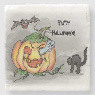 Posavasos De Piedra Fantasma, Bat y Cat, ¡Feliz Halloween!