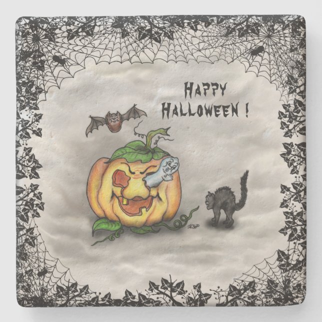 Posavasos De Piedra Fantasma, Gato, Bat y Calabaza, ¡Feliz Halloween! (Anverso)
