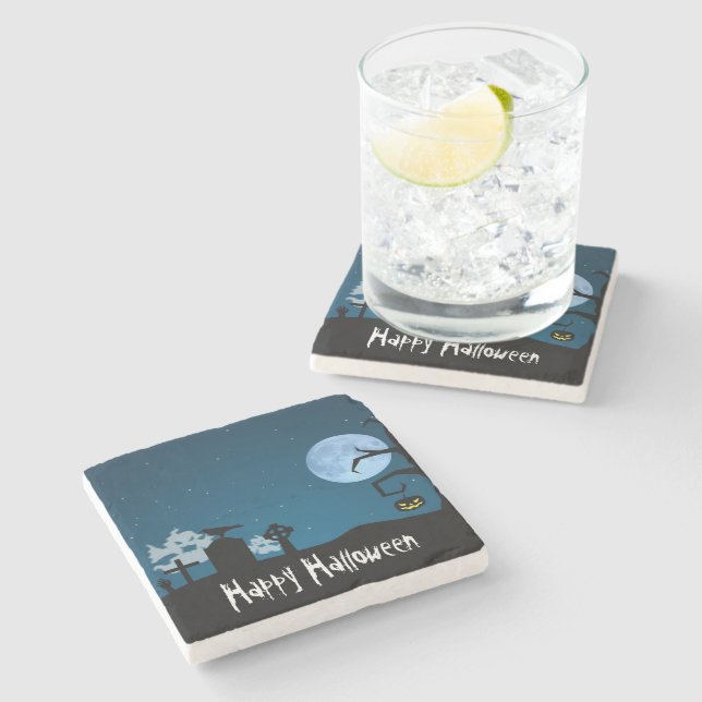 Posavasos De Piedra Fantasmas de Halloween en el cementerio (Lateral)