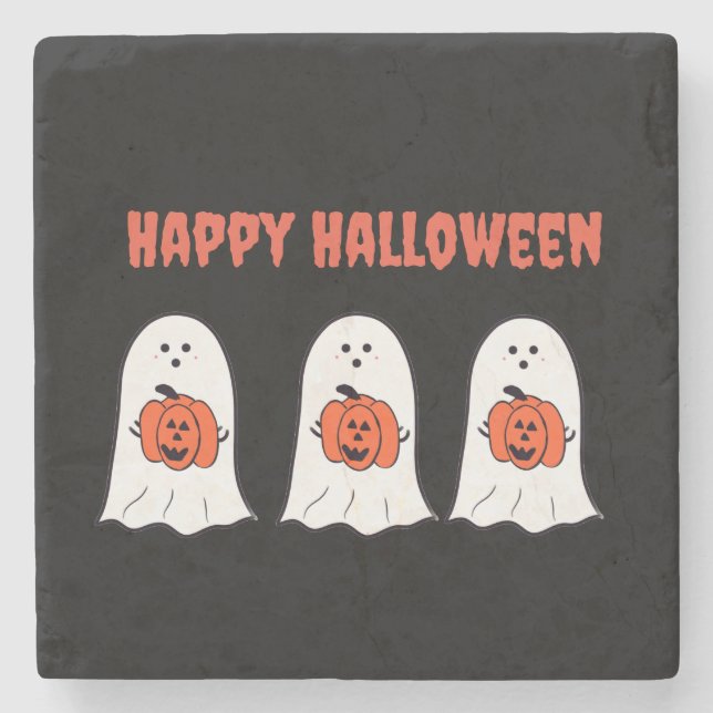 Posavasos De Piedra Fantasmas de Halloween felices con Jack-o-Lanterns (Anverso)