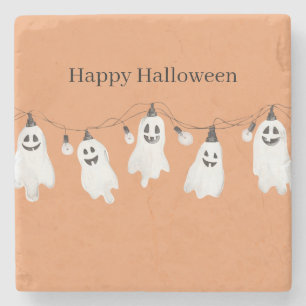 Posavasos De Piedra Fantasmas Naranjas Blancos Bombillas Halloween