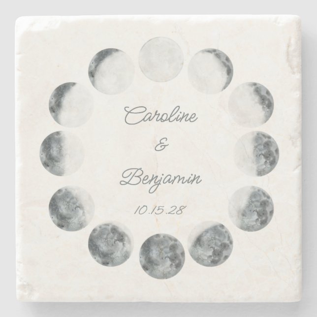 Posavasos De Piedra Fase Lunar Personalizada Blanca Fecha de Boda Cósm (Anverso)