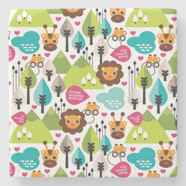 Posavasos De Piedra fauna retra del león del safari de los niños (Anverso)