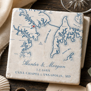 Posavasos De Piedra Favor de boda Capilla USNA Annapolis MD Mapa
