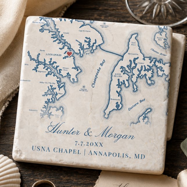 Posavasos De Piedra Favor de boda Capilla USNA Annapolis MD Mapa  (USNA Chapel Wedding Favor Keepsake Annapolis Map Stone Coaster in navy blue by Coastal Map Designs)